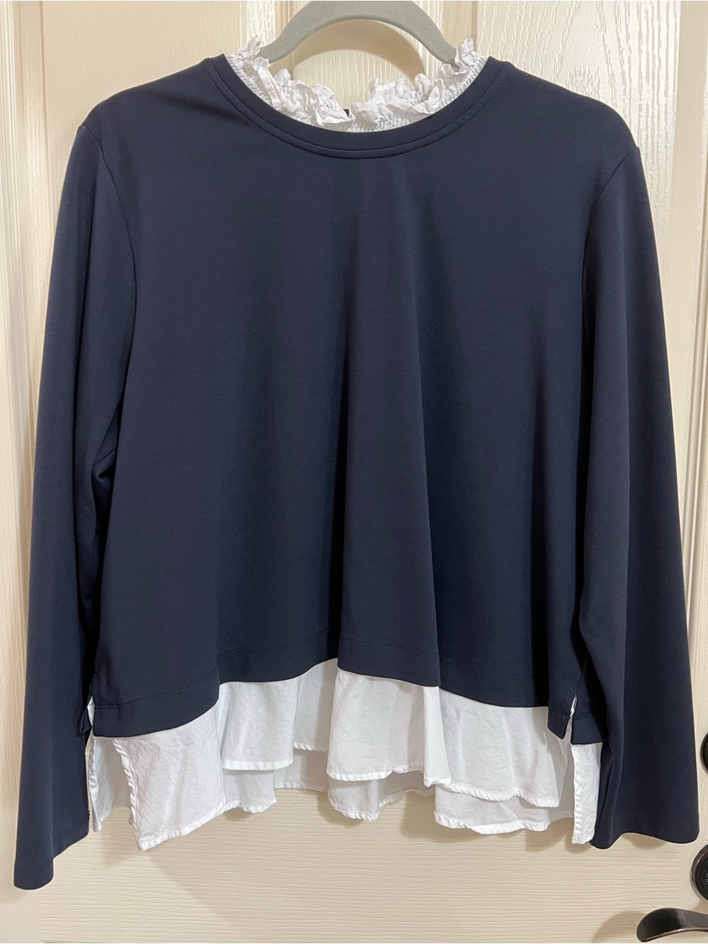 Ann Taylor Navy Long-Sleeve Layered Top with White Ruffle